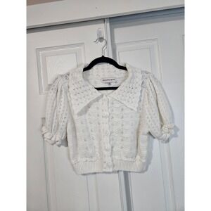Willow & Wind Womens White Pointelle Knit Short Puff Sleeve Cropped Cardigan M